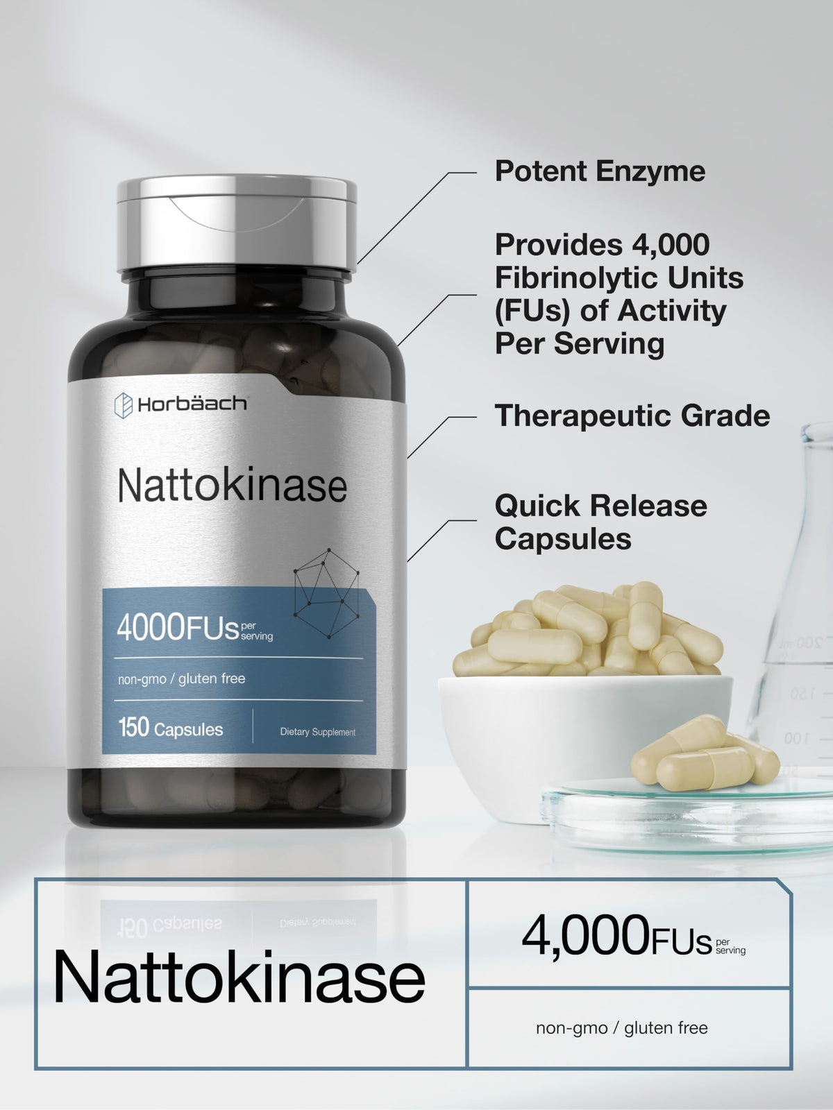 Horbäach Nattokinase 4000 FU sur une table avec des compléments alimentaires
