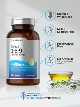 Horbäach Omega 3-6-9 gélules souples, flacon ouvert avec gélules