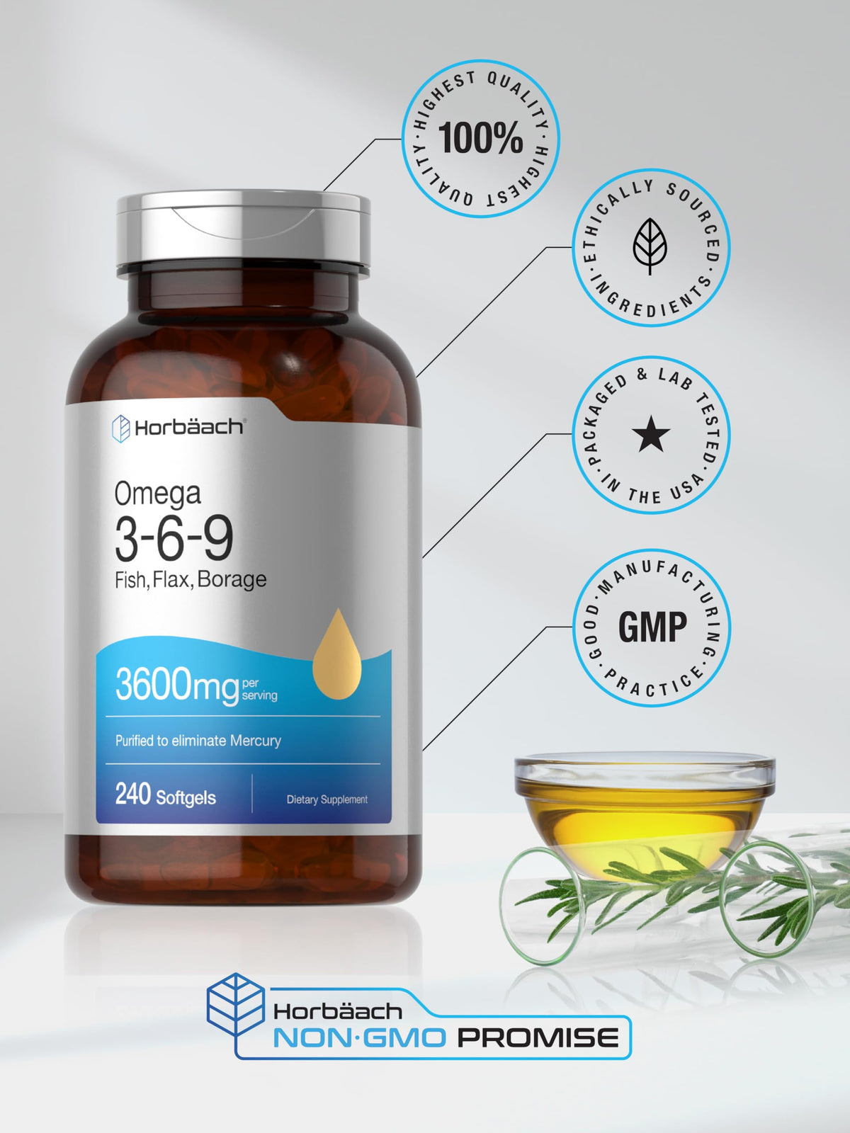 Horbäach Omega 3-6-9 gélules souples, mise en scène sur une table