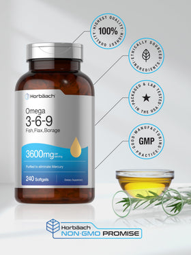 Horbäach Omega 3-6-9 gélules souples, mise en scène sur une table