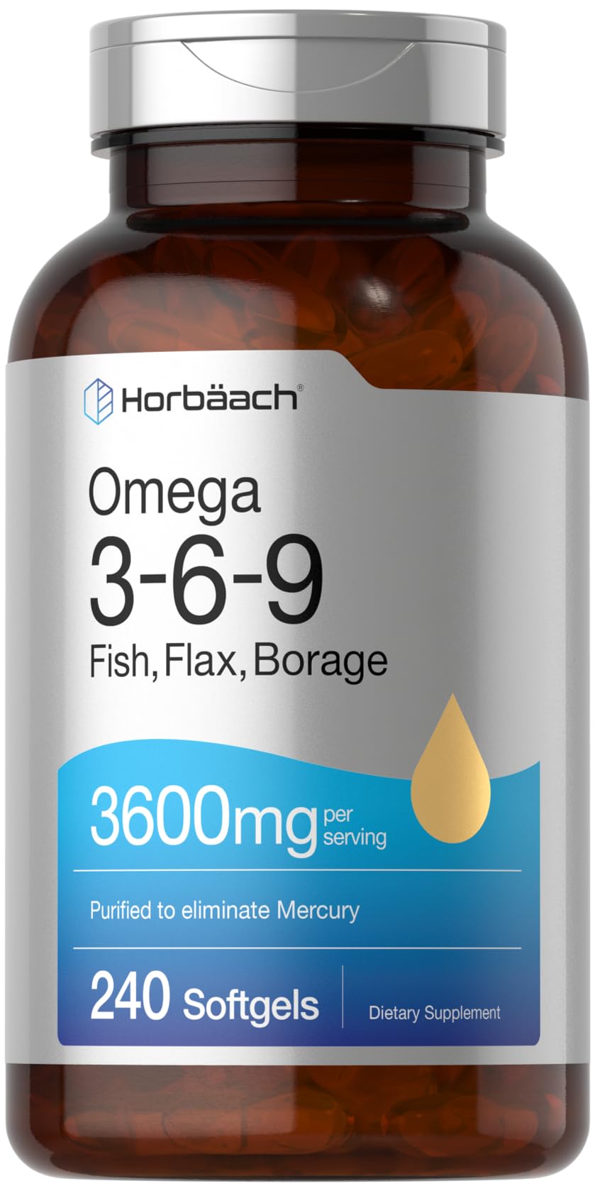 Horbäach Omega 3-6-9 Triple gélules souples, vue avant du flacon