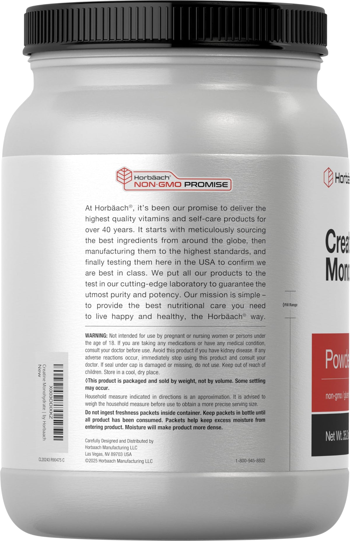 Horbäach Poudre de Créatine Monohydrate 1152g à côté d'une bouteille d'eau