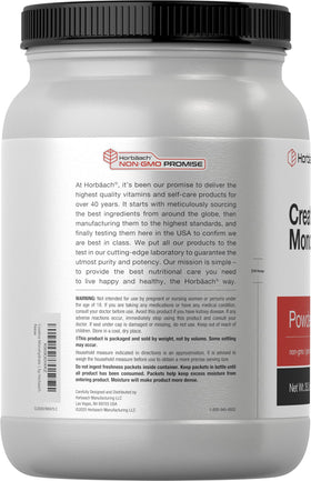 Horbäach Poudre de Créatine Monohydrate 1152g à côté d'une bouteille d'eau