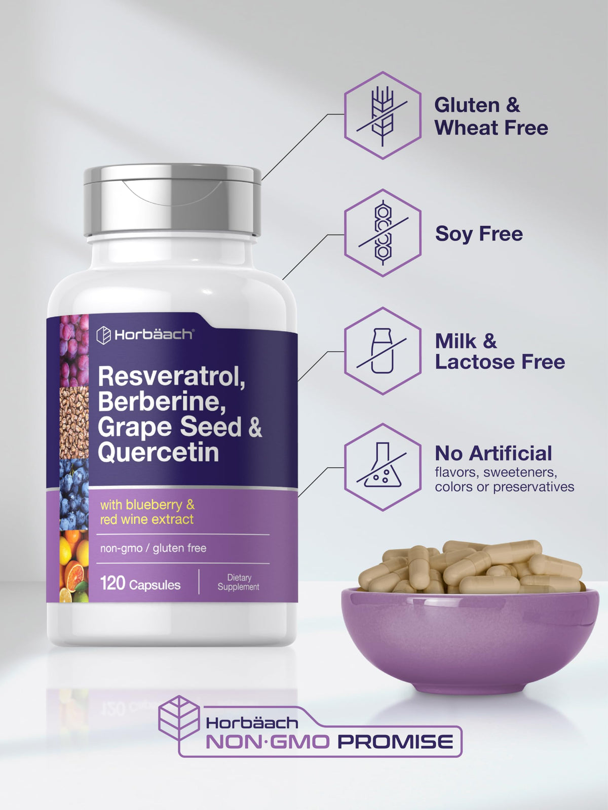 Horbäach Resveratrol gélules avec des raisins et baies à côté