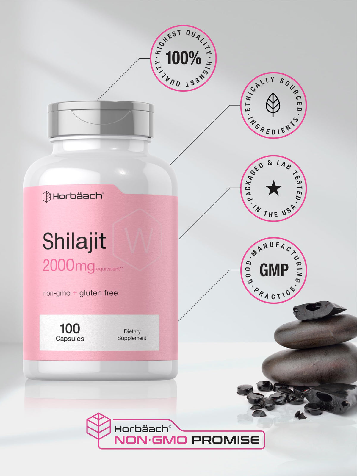 Horbäach Shilajit 100 Capsules en main pour utilisation