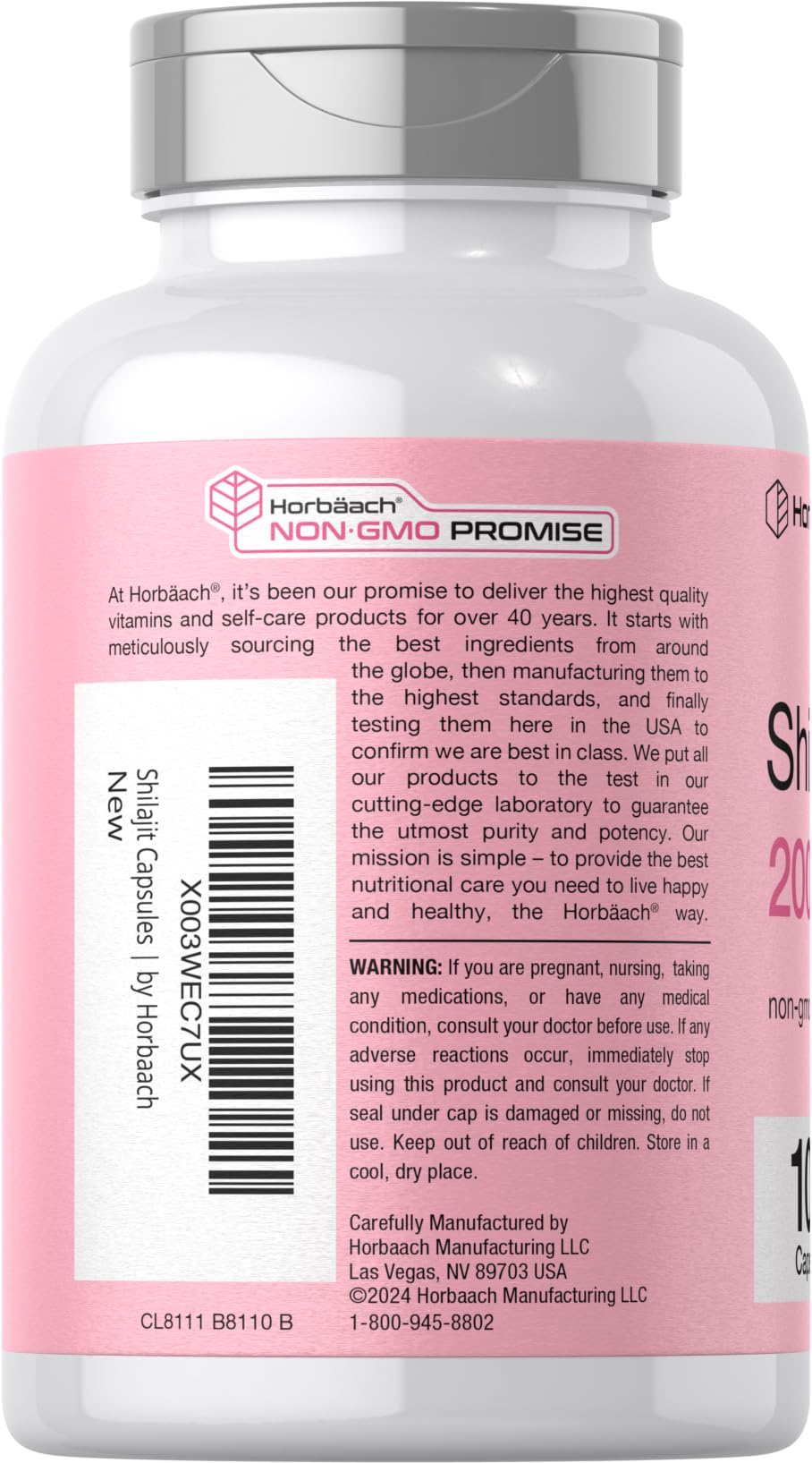Horbäach Shilajit 100 Capsules vue de côté avec dosage
