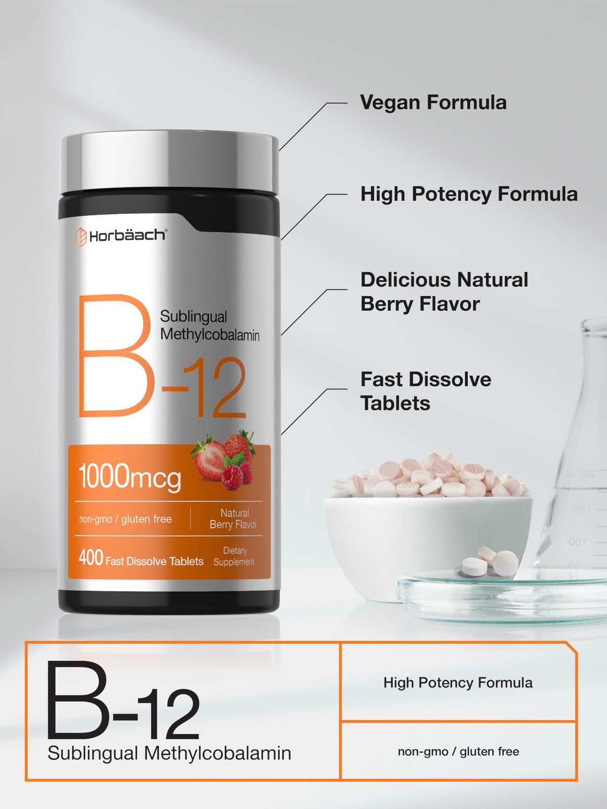 Horbäach Vitamine B12 1000 mcg Sublingual comprimés sur une table