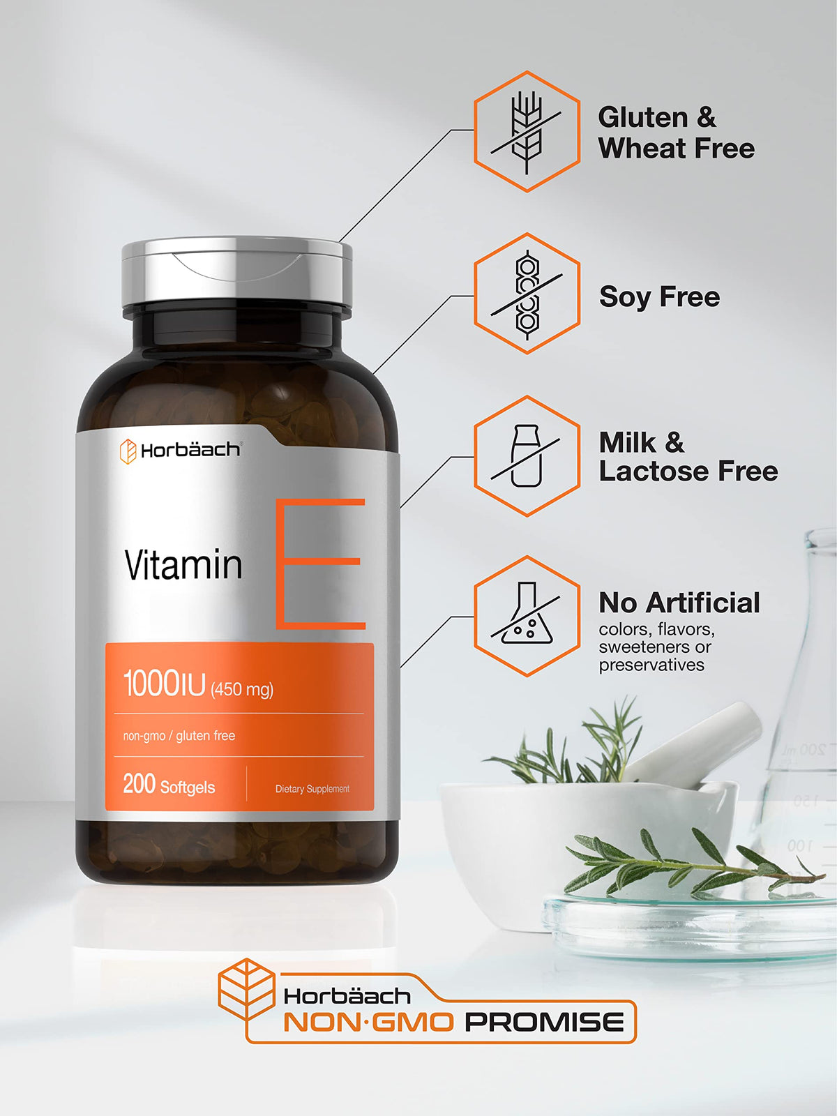 Horbäach Vitamine E 1000 UI capsules souples, capsules sur une surface blanche