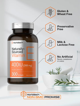 Horbäach Vitamine E 400 IU capsules sur une surface blanche