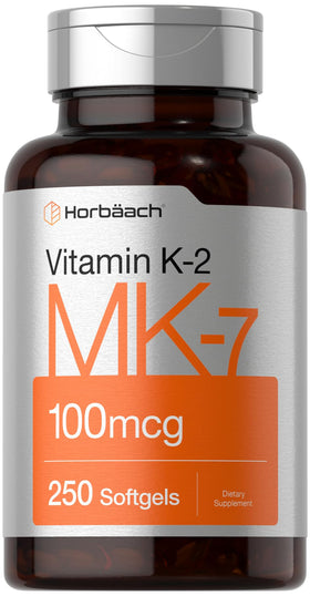 Horbäach Vitamine K2 MK7 100mcg 250 gélules molles vue de face