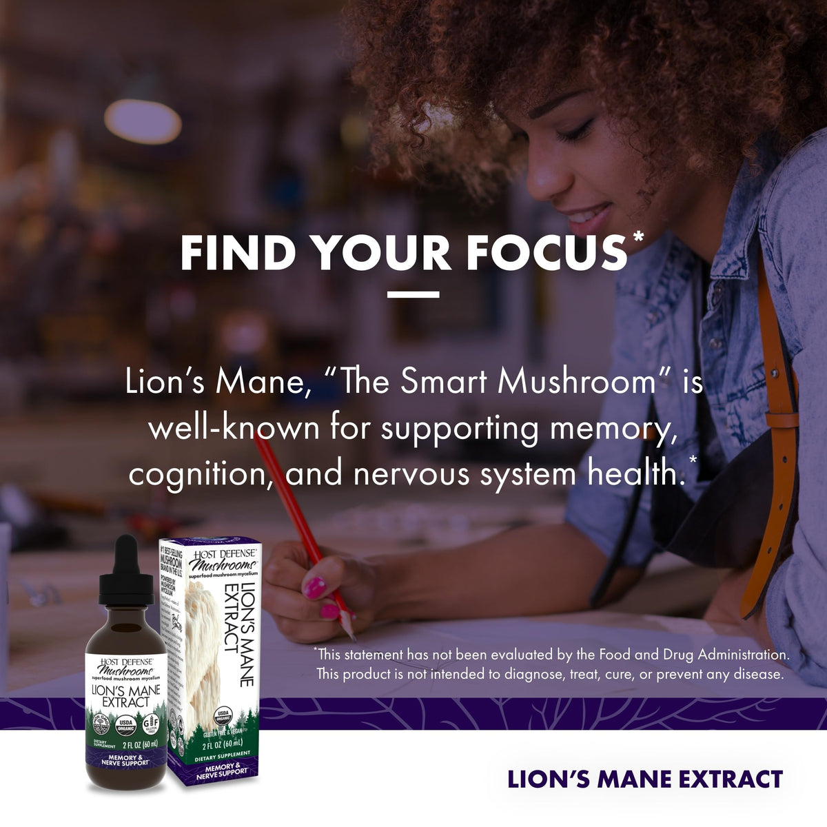 Host Defense Lion's Mane 60 ml avec décor naturel en arrière-plan