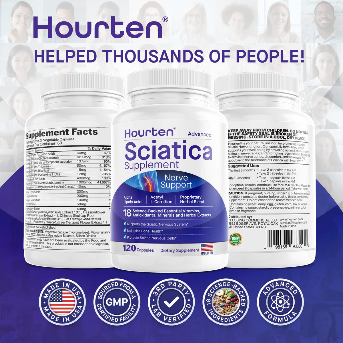 Hourten Complément Alimentaire Sciatique 120 capsules sur fond blanc