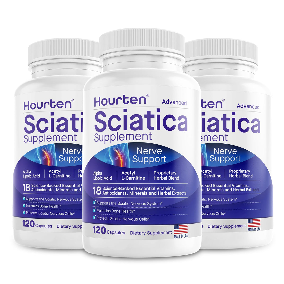 Hourten Compléments Alimentaires Sciatique 18 en 1 Acide Alpha-Lipoïque 120 Capsules - Vue avant