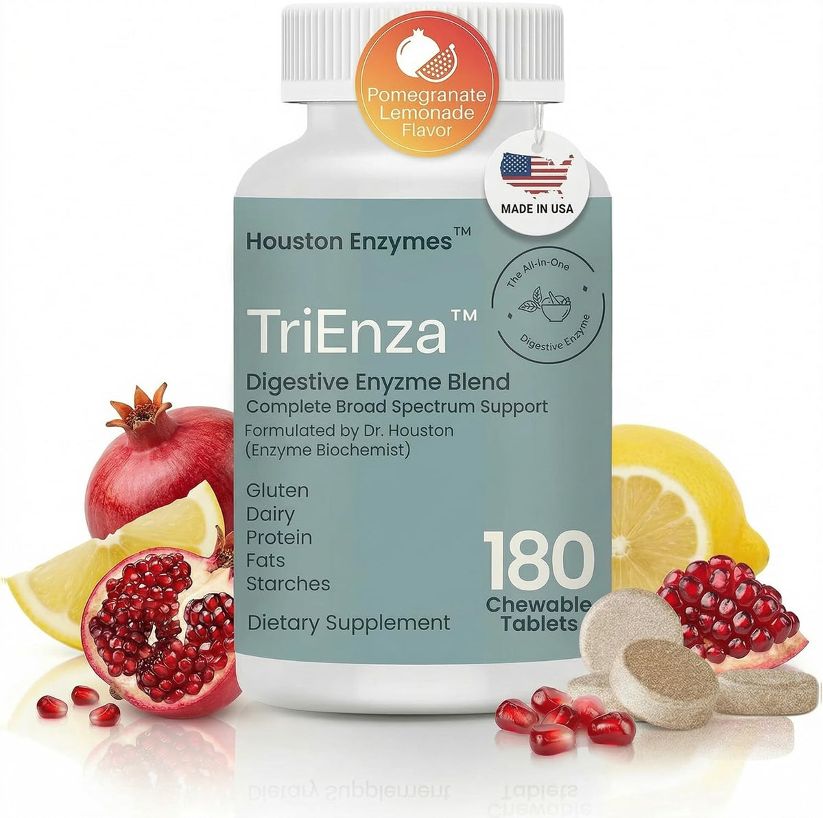 Houston Enzymes TriEnza 180 comprimés à mâcher, vue de face