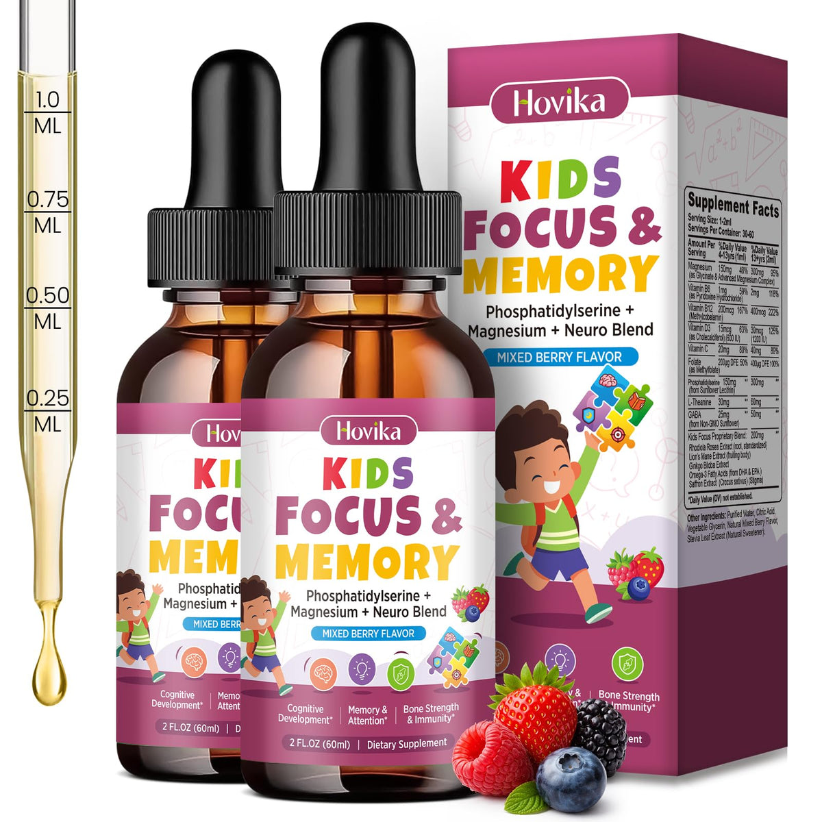 Hovika 2 Pack Compléments Alimentaires pour Enfants Flacon Liquide Fruits Rouges
