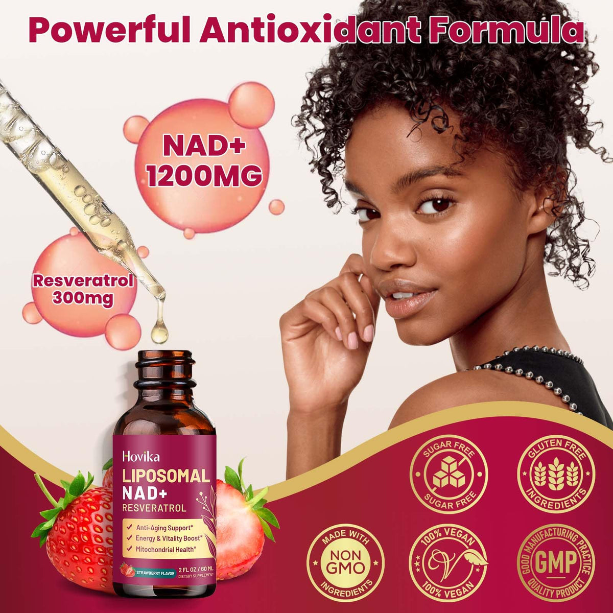 Hovika Complément Liposomal NAD+ 1200mg avec verre d'eau