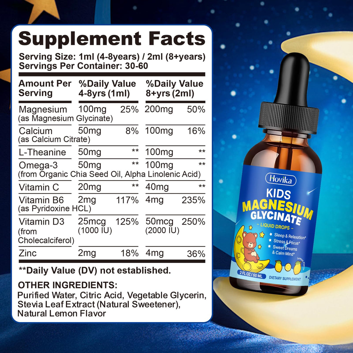Hovika Gouttes de Magnésium Glycinate pour Enfants 60ml avec étiquette