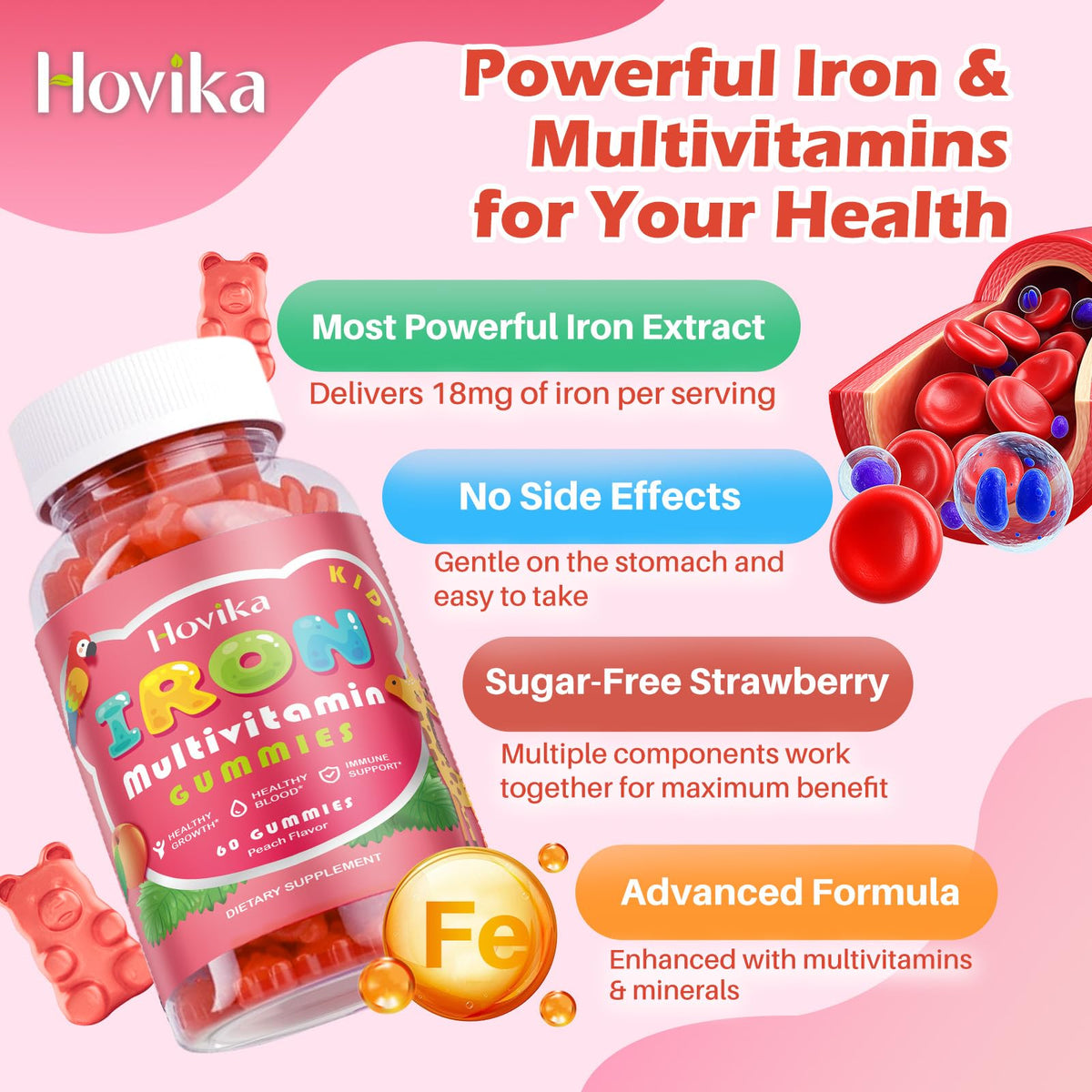 Hovika Gummies de Fer pour Enfants - gummies sur une assiette avec des fruits