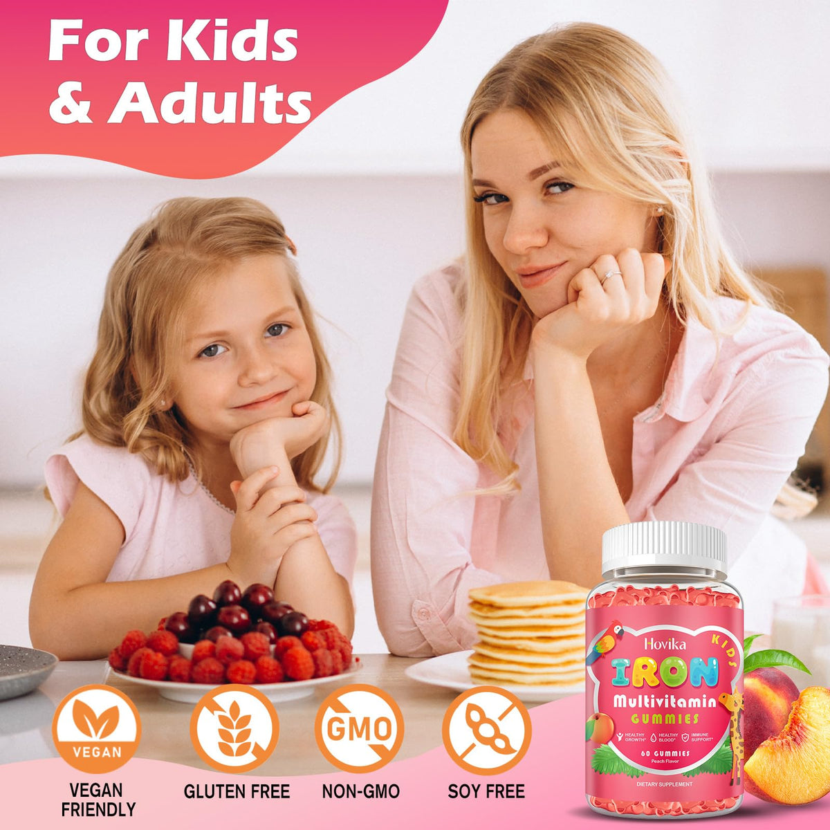 Hovika Gummies de Fer pour Enfants - présentation de la boîte sur un fond coloré