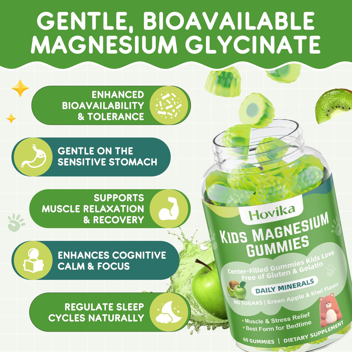 Hovika Gummies de Magnésium Glycinate pour Enfants gummies à la pomme verte et kiwi