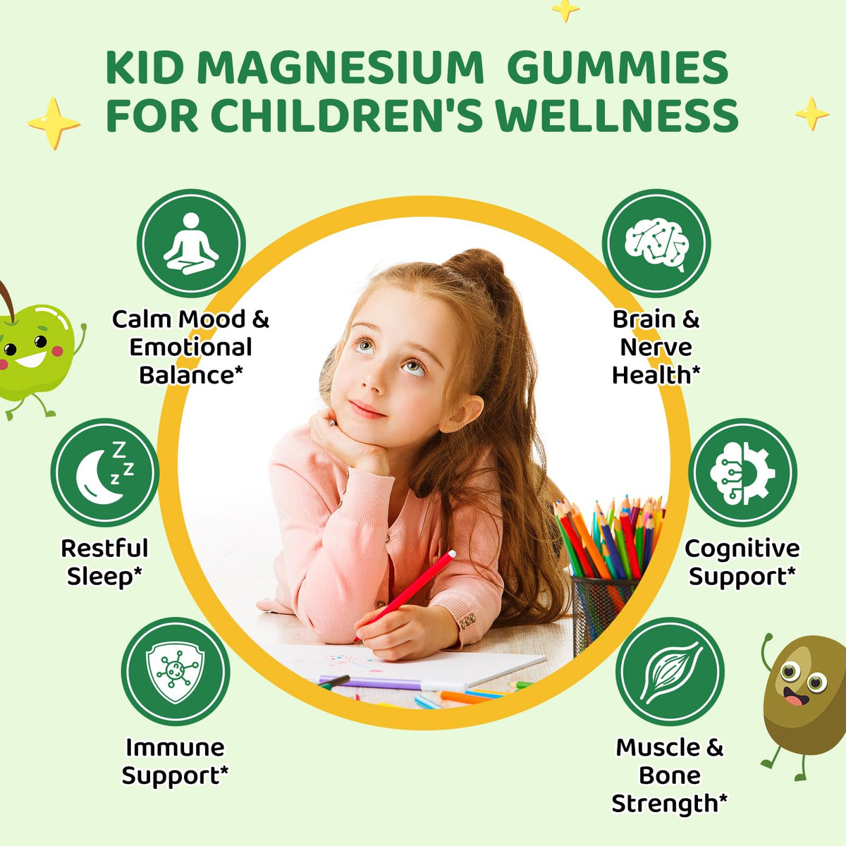 Hovika Gummies de Magnésium Glycinate pour Enfants - gummies pomme verte et kiwi