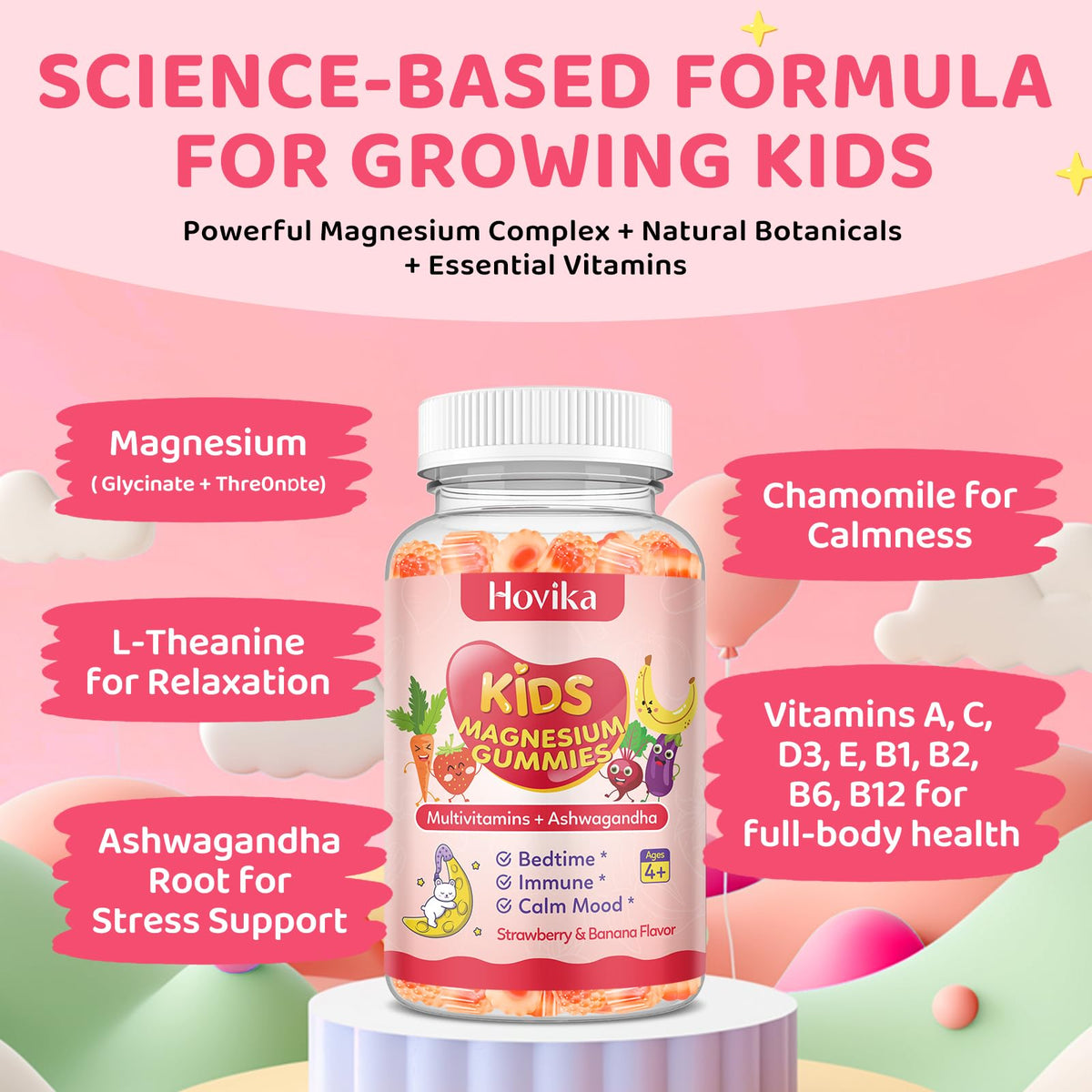 Hovika Gummies de Magnésium pour Enfants - saveur fraise-banane