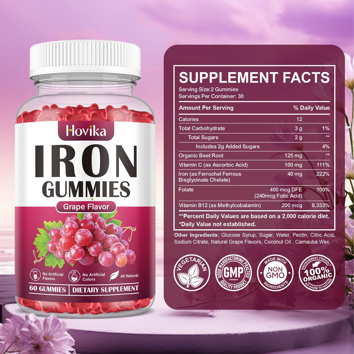 Hovika Gummies Fer sur une table avec une bouteille d'eau