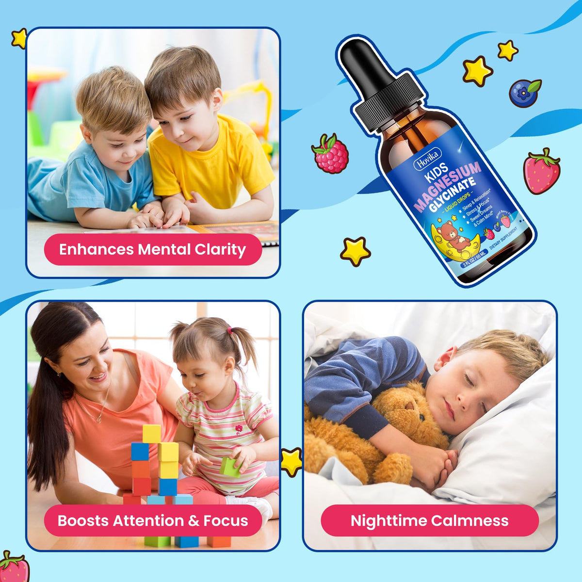Hovika Magnésium Glycinate Enfants 60ml gouttes dans un verre d'eau