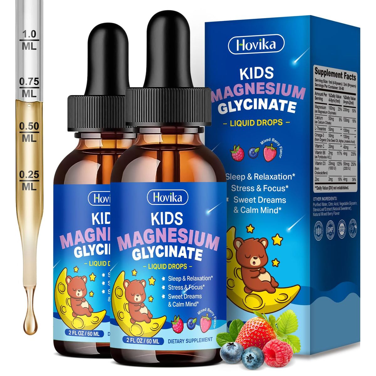Hovika magnésium glycinate liquide flacon avant avec étiquette fruits rouges