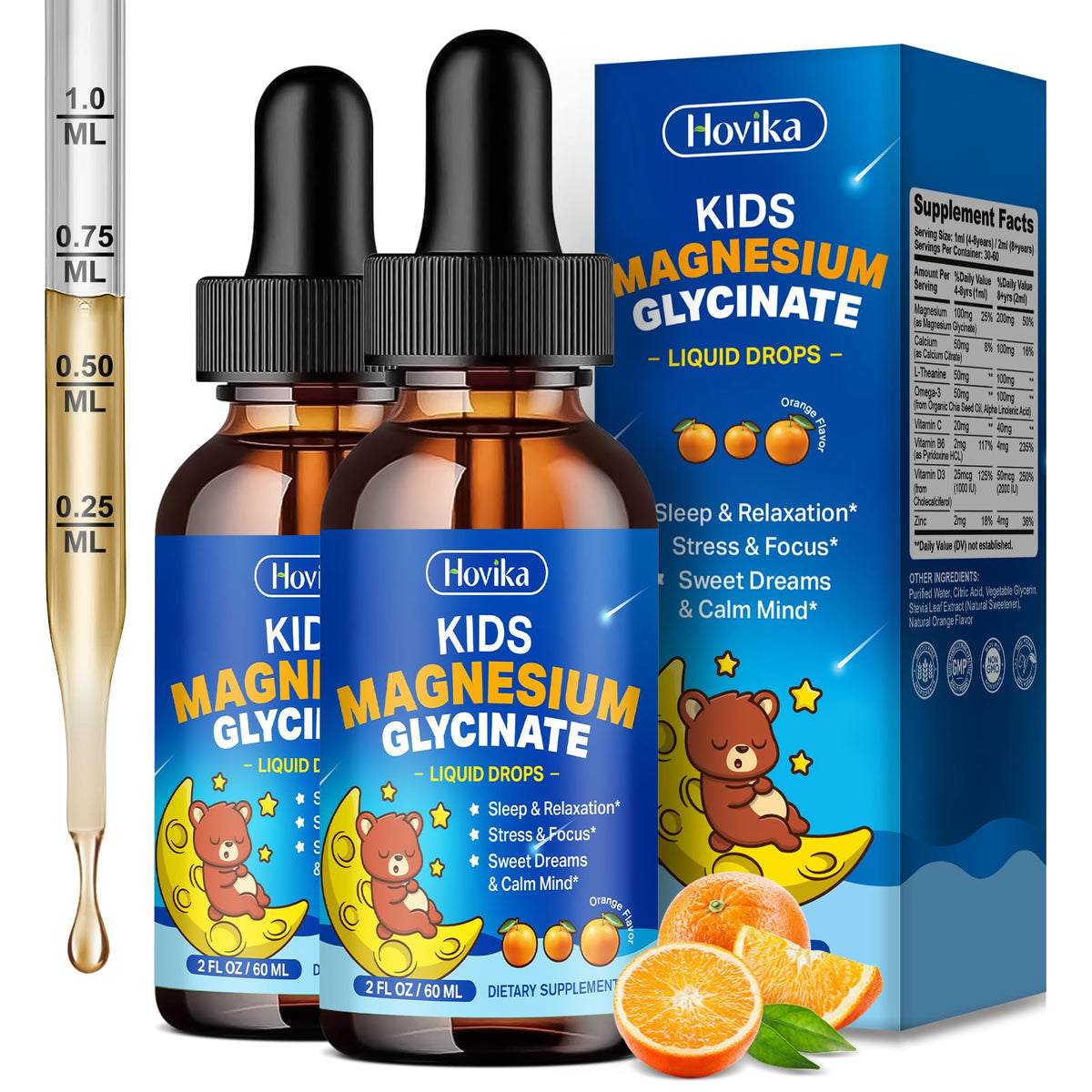 Hovika magnésium glycinate liquide pour enfants, goût orange, vue de face