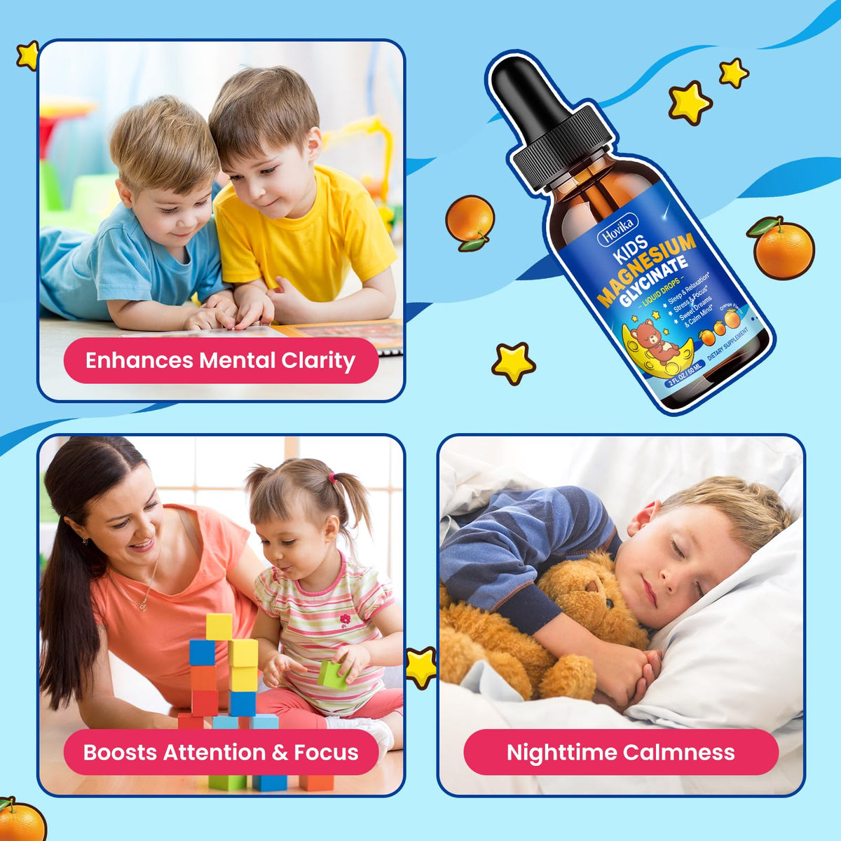 Hovika magnésium glycinate liquide, présentation du produit avec des fruits