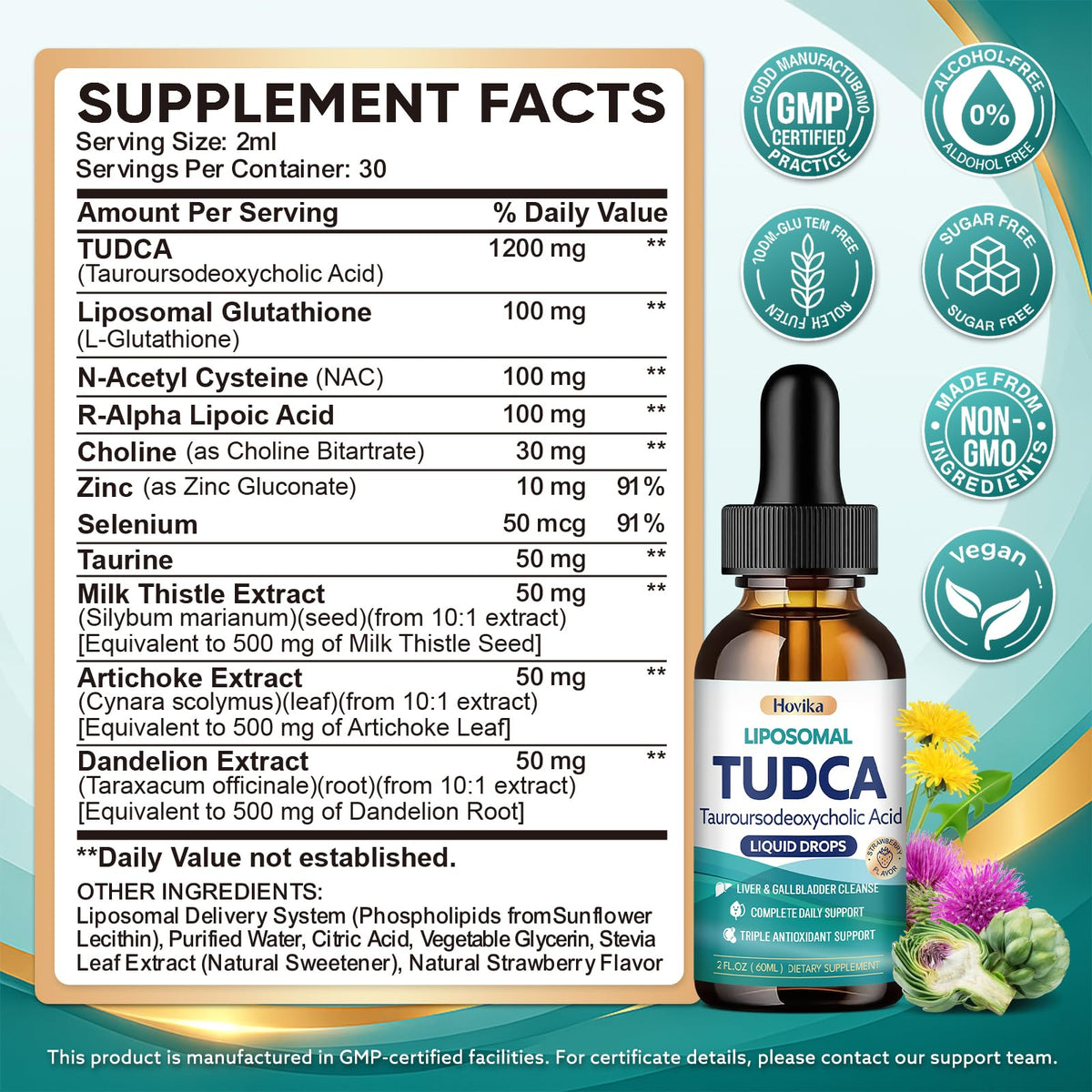 Hovika TUDCA 1200mg gouttes en format liquide avec fraises en arrière-plan