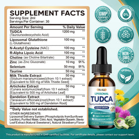 Hovika TUDCA 1200mg gouttes en format liquide avec fraises en arrière-plan