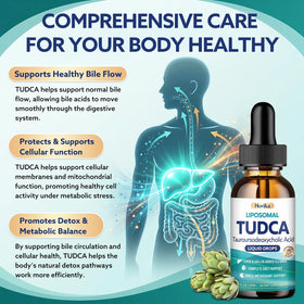 Hovika TUDCA 1200mg gouttes sur une table avec fruits