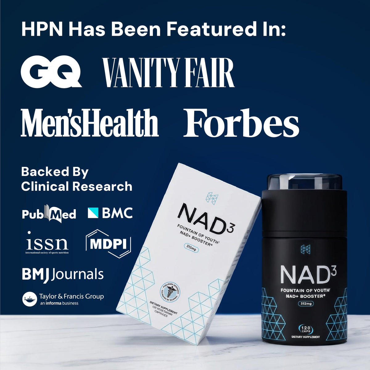 HPN NAD3 Complément Alimentaire sur un fond neutre