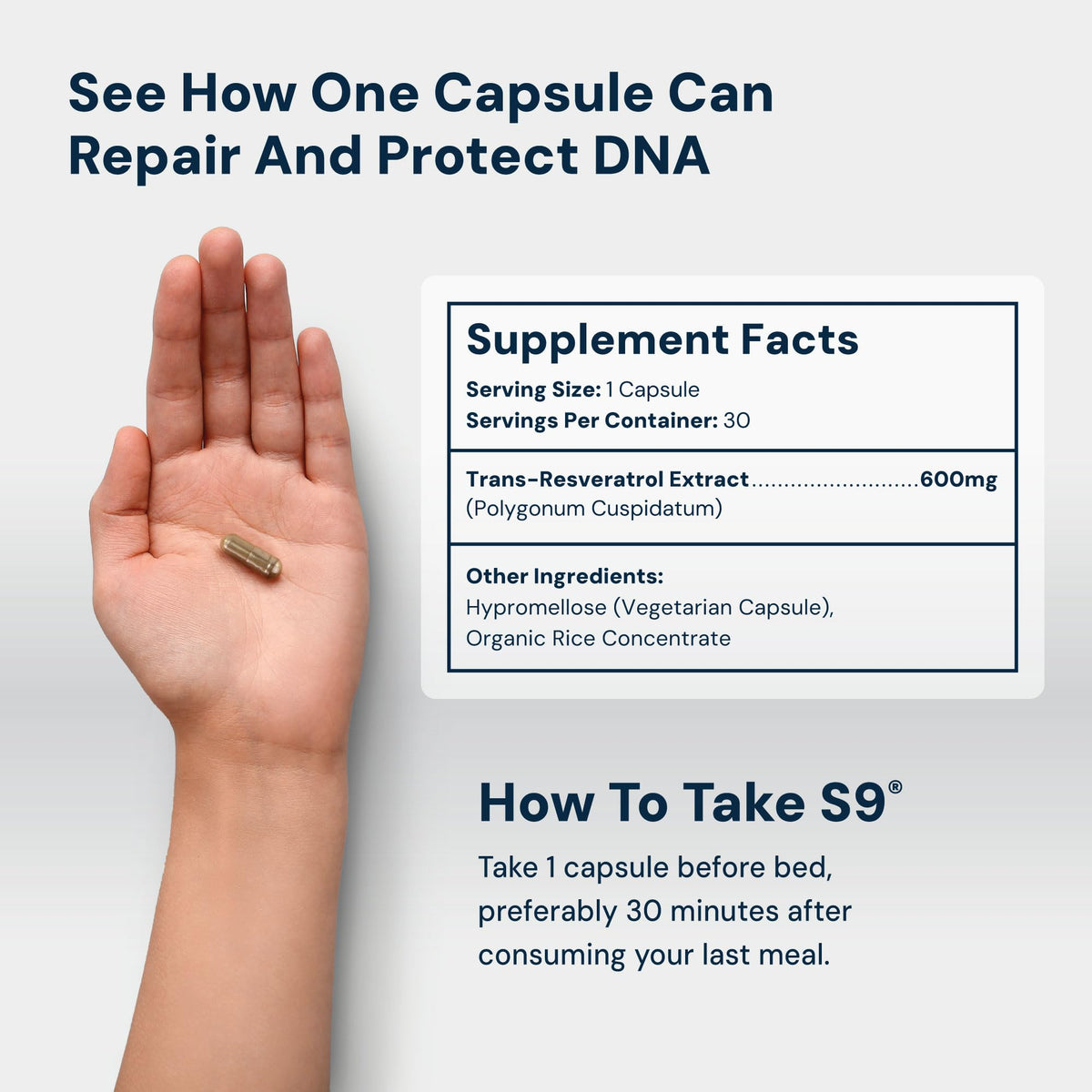 HPN S(9) Trans-Resveratrol capsules, vue arrière de l'emballage