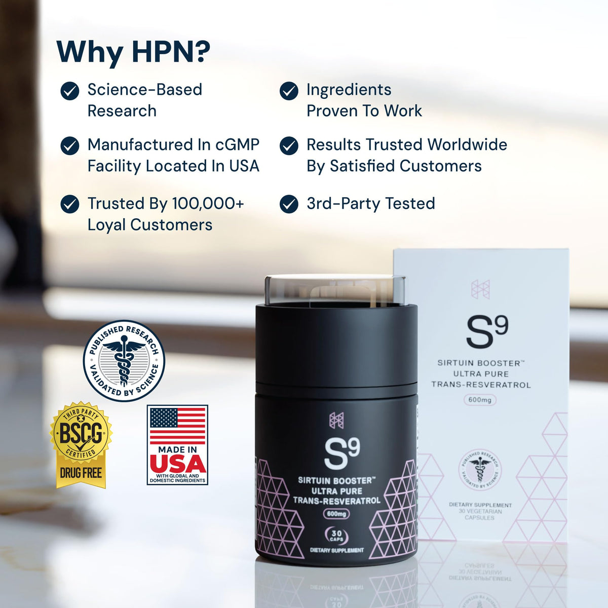 HPN S(9) Trans-Resveratrol, emballage avec informations nutritionnelles