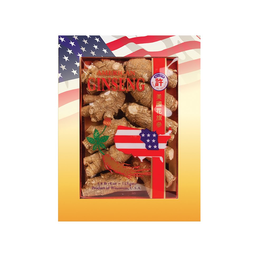 Hsu's Ginseng Américain 4oz boîte avec racines visibles