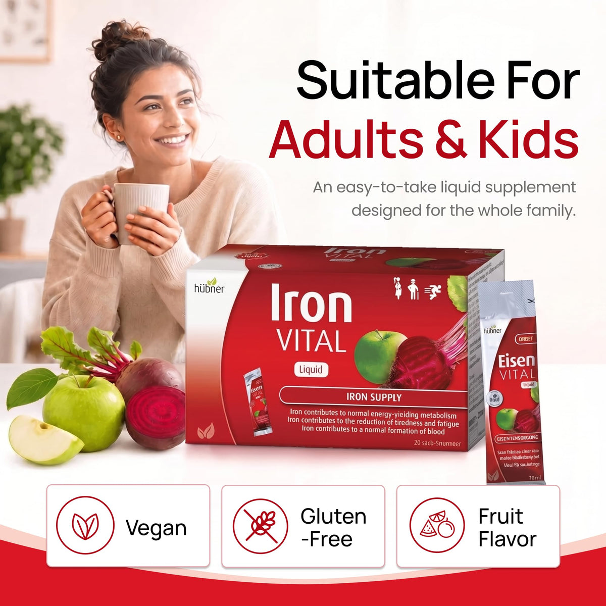 hübner Fer Vital Liquide sur une table avec fruits