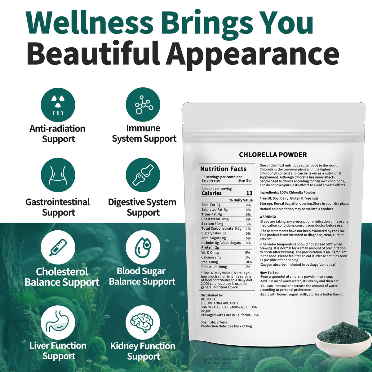 Hudetex Poudre de Chlorelle Naturelle 280g vue arrière avec informations nutritionnelles