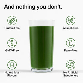 Huel Daily Greens avec fruits frais à côté