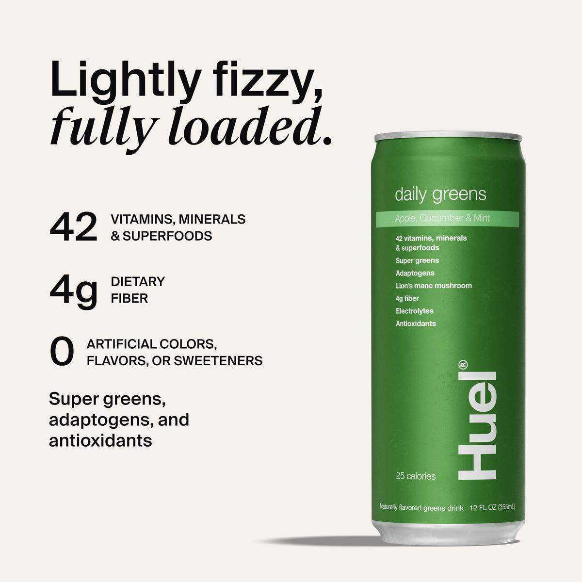Huel Daily Greens bouteille avec étiquette détaillant les ingrédients