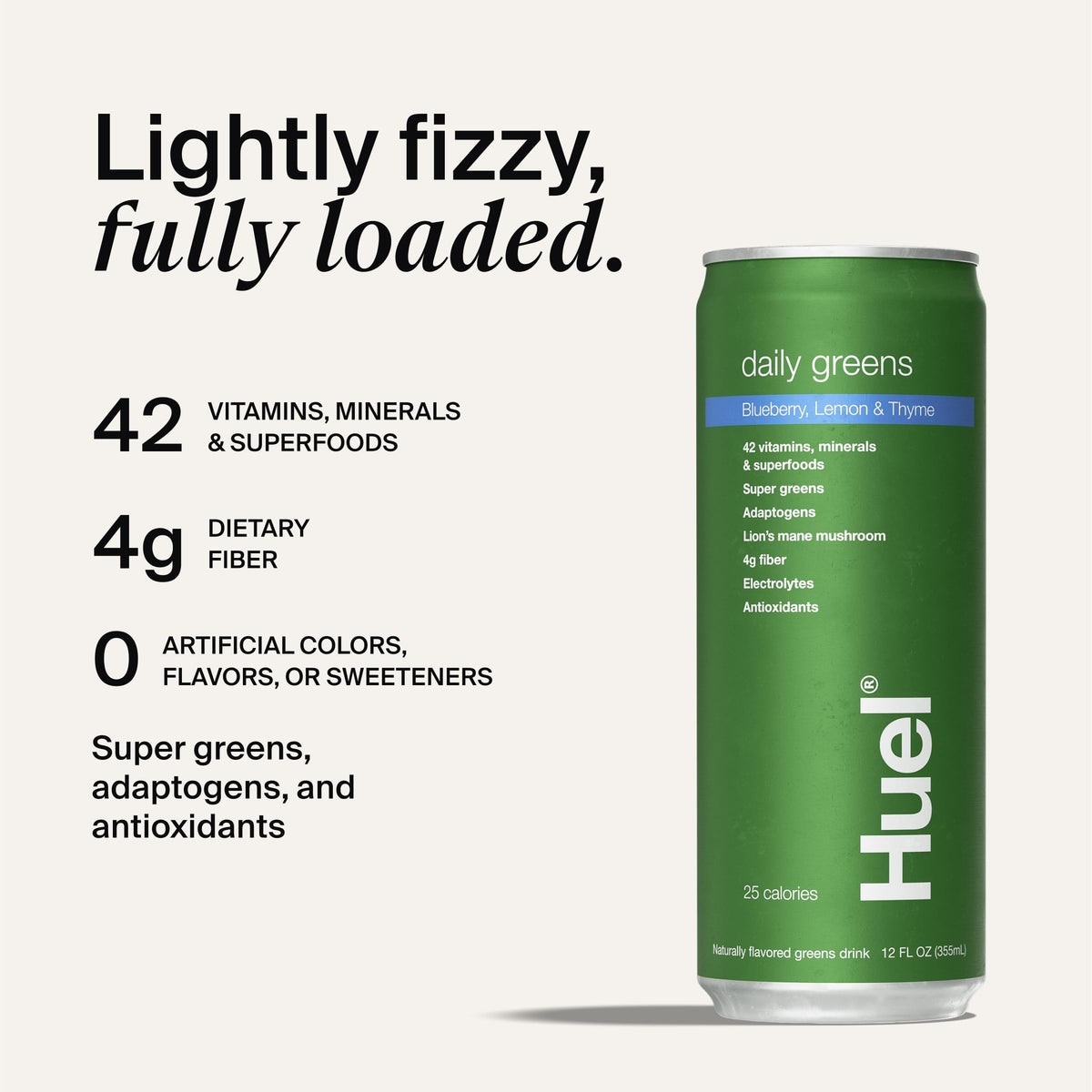 Huel Daily Greens emballage avec fruits frais en arrière-plan