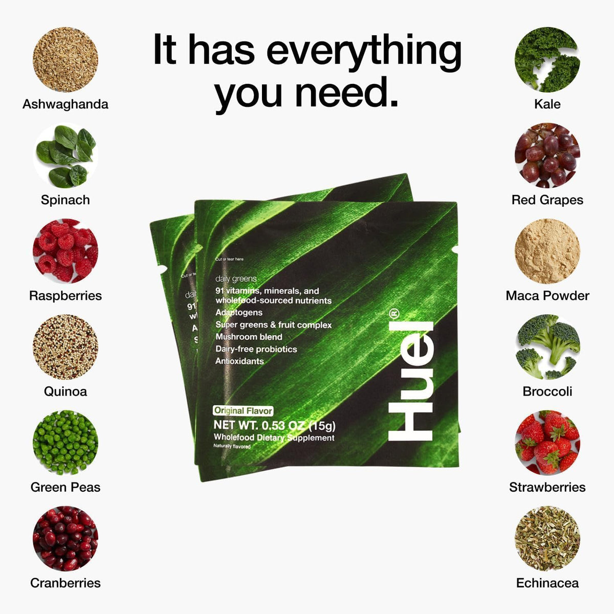 Huel Daily Greens en gros plan sur la poudre verte