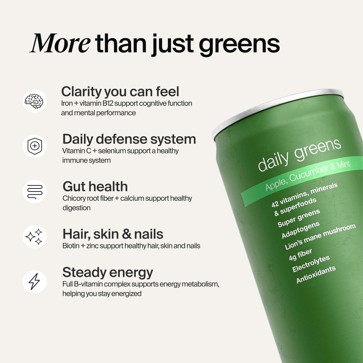 Huel Daily Greens en verre avec fruits frais en arrière-plan