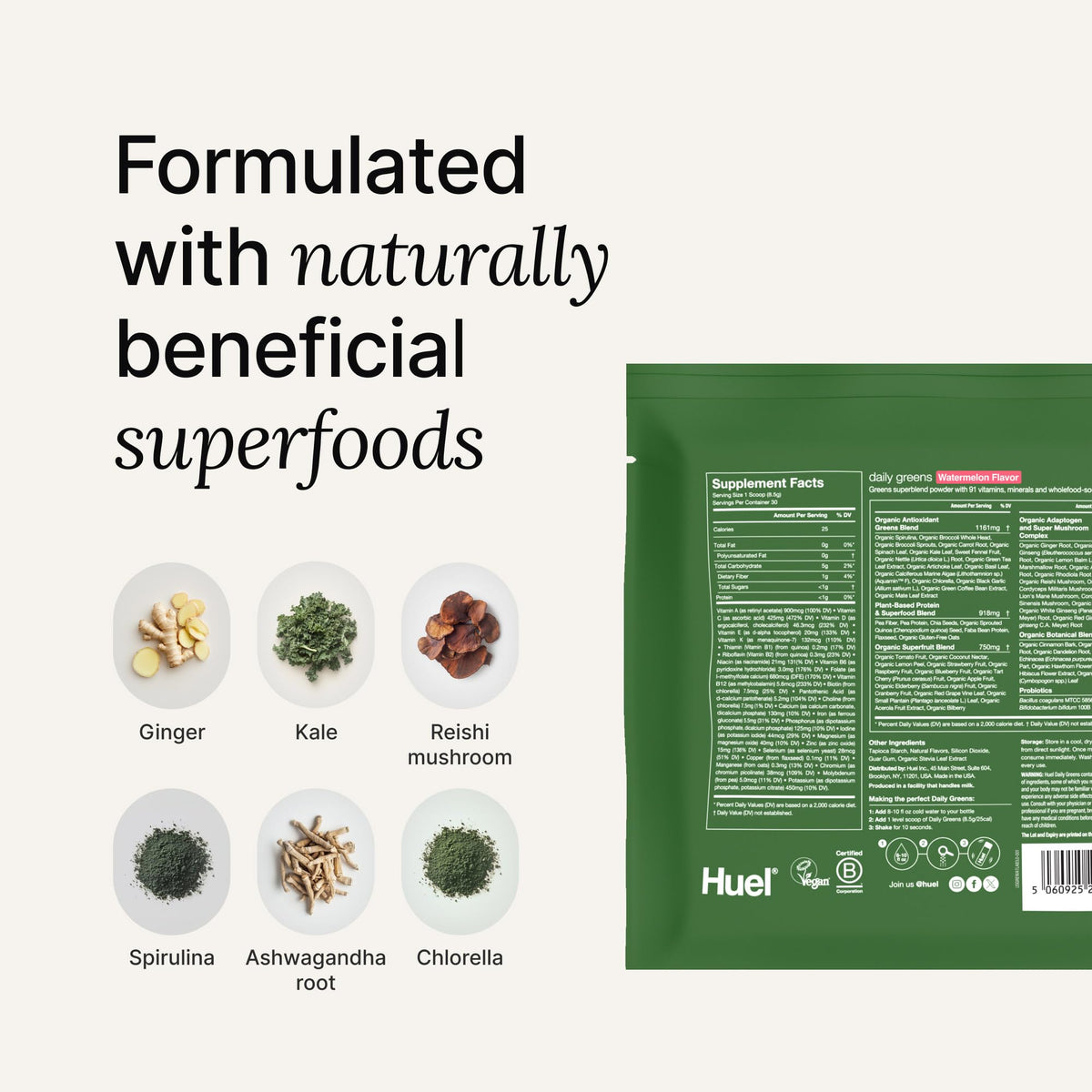 Huel Daily Greens ingrédients clés sur l'emballage