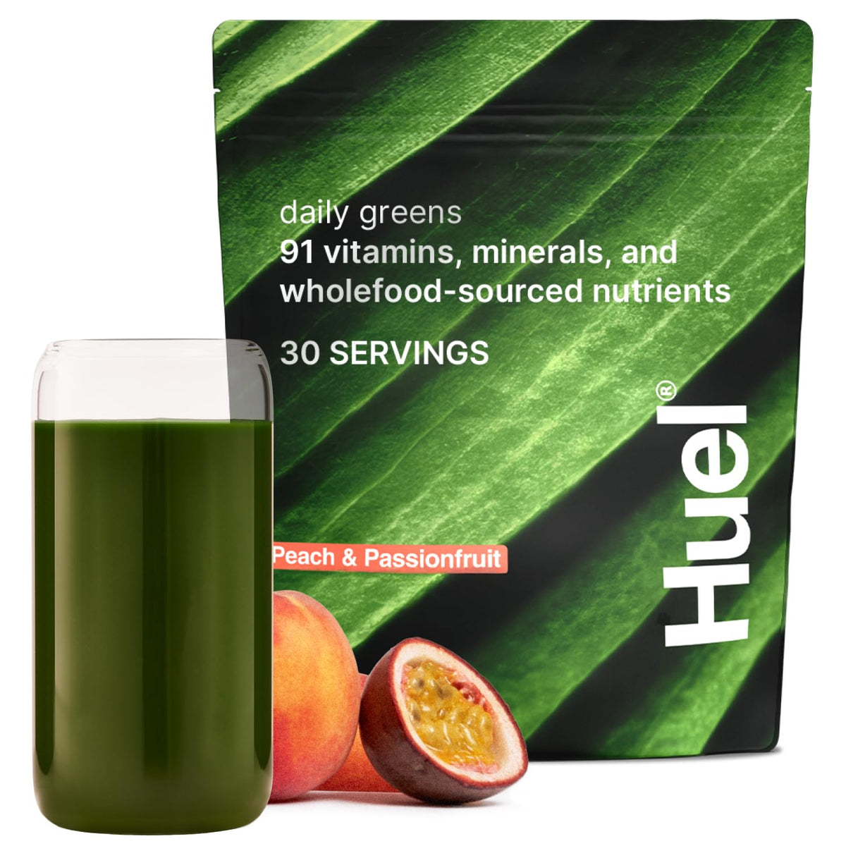Huel Daily Greens Pêche Passion packaging avec détails sur les ingrédients