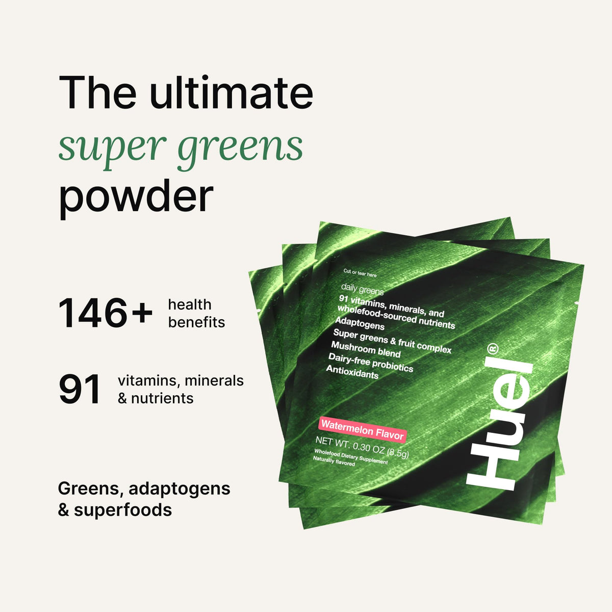 Huel Daily Greens poudre dans un verre avec de l'eau