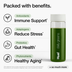 Huel Daily Greens sachets montrant les ingrédients naturels