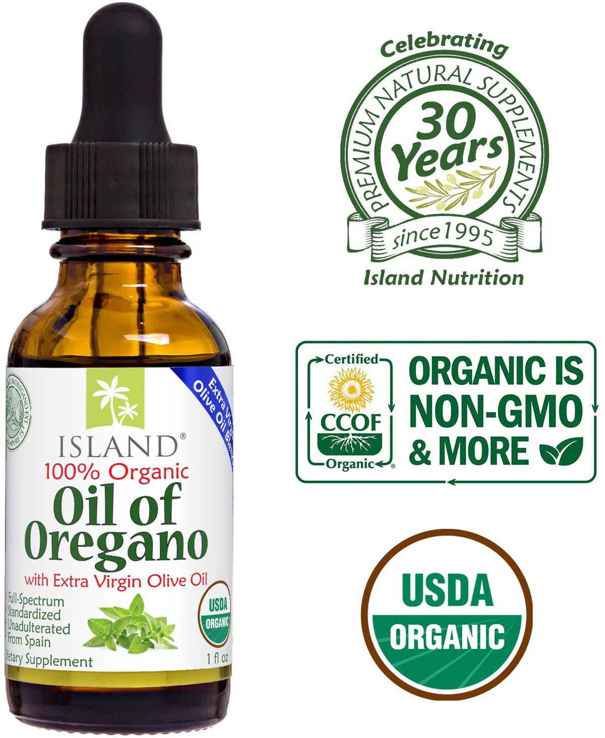 Huile d'origan bio Island Nutrition avec olives en arrière-plan